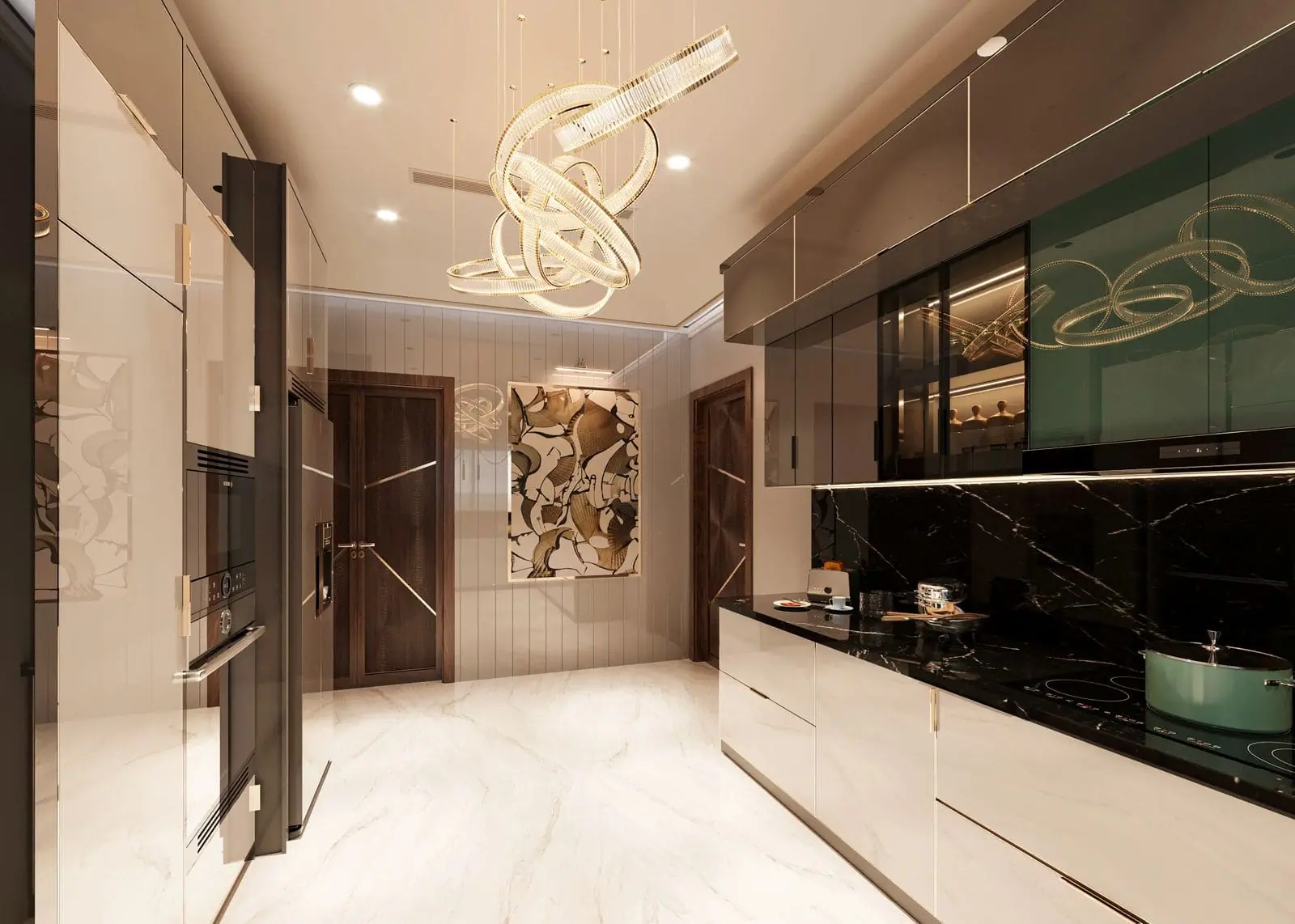 Modern kitchen with dark marble backsplash, sleek cabinetry and a sculptural pendant light