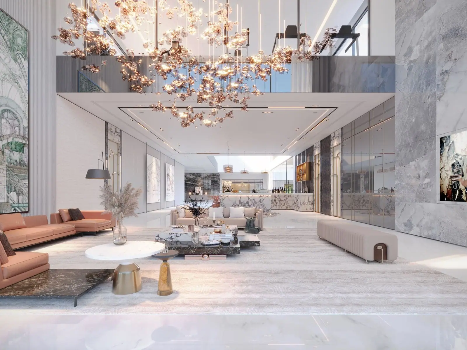 Spacious double-height living room with marble feature wall and statement chandelier